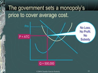 The government sets a monopoly’s
price to cover average cost.
       Pm                                   No Loss,
                                            No Profit.
    P = ATC                                    No
                                            Subsidy




                 Q = Qm
                     500,000

              ©2001Claudia Garcia-Szekely          22
 