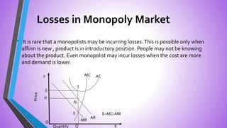 Losses in Monopoly Market
• It is rare that a monopolists may be incurring losses.This is possible only when
affirm is new , product is in introductory position. People may not be knowing
about the product. Even monopolist may incur losses when the cost are more
and demand is lower.
Y
S
O
P
Q X
E
T
N
MC AC
AR
MR
E=MC=MR
Price
Quantity
 