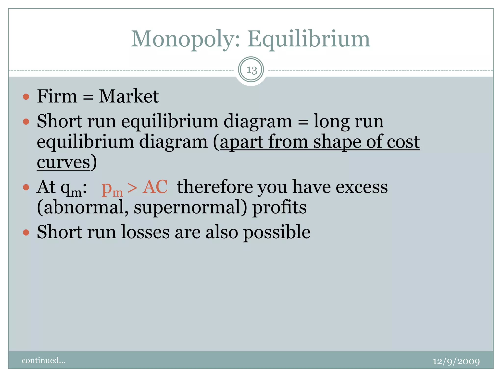 Monopoly: EquilibriumPy = QDemandMR12/9/20098continued...