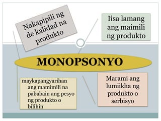 MONOPSONYO
Iisa lamang
ang maimili
ng produkto
maykapangyarihan
ang mamimili na
pababain ang pesyo
ng produkto o
bilihin
Marami ang
lumiikha ng
produkto o
serbisyo
 