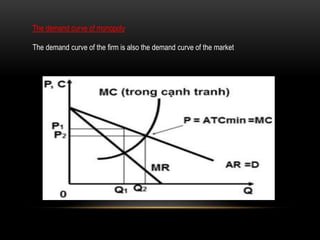 The demand curve of monopoly
The demand curve of the firm is also the demand curve of the market
 