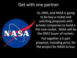 Get with one partner
Its 1960, and NASA is going
to be buy a rocket and
soliciting proposals with
private companies to build a
the new rocket. NASA will be
the ONLY buyer of rockets.
Put together a 5 part
proposal, including price, for
the project for NASA to buy.

 