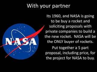 With your partner
Its 1960, and NASA is going
to be buy a rocket and
soliciting proposals with
private companies to build a
the new rocket. NASA will be
the ONLY buyer of rockets.
Put together a 5 part
proposal, including price, for
the project for NASA to buy.
 