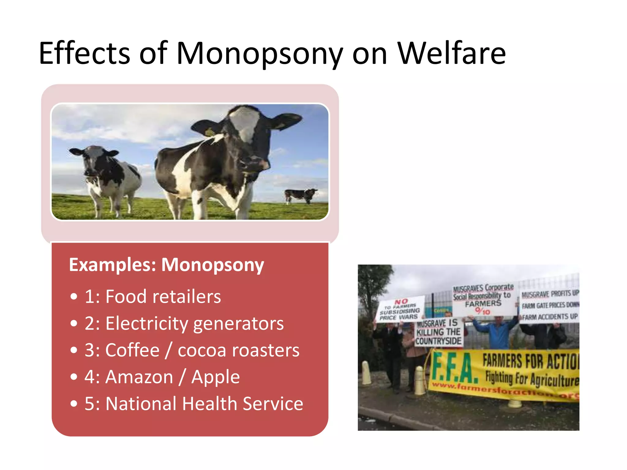 Effects of Monopsony on Welfare
Examples: Monopsony
• 1: Food retailers
• 2: Electricity generators
• 3: Coffee / cocoa roasters
• 4: Amazon / Apple
• 5: National Health Service
 