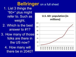 Bellringer on a full sheet
1. List 3 things the
“60+” plus might
refer to. Such as
weight.
2. Which is the best
answer to #1?
3. How many of those
folks are there in
the US now?
4. How many will
there be in 2040?
 