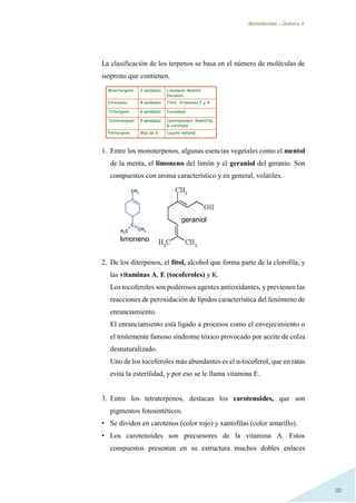 Biomoléculas – Quimica II.
20
La clasificación de los terpenos se basa en el número de moléculas de
isopreno que contienen.
1. Entre los monoterpenos, algunas esencias vegetales como el mentol
de la menta, el limoneno del limón y el geraniol del geranio. Son
compuestos con aroma característico y en general, volátiles.
2. De los diterpenos, el fítol, alcohol que forma parte de la clorofila, y
las vitaminas A, E (tocoferoles) y K.
Los tocoferoles son poderosos agentes antioxidantes, y previenen las
reacciones de peroxidación de lípidos característica del fenómeno de
enranciamiento.
El enranciamiento está ligado a procesos como el envejecimiento o
el tristemente famoso síndrome tóxico provocado por aceite de colza
desnaturalizado.
Uno de los tocoferoles más abundantes es el α-tocoferol, que en ratas
evita la esterilidad, y por eso se le llama vitamina E.
3. Entre los tetraterpenos, destacan los carotenoides, que son
pigmentos fotosintéticos.
• Se dividen en carotenos (color rojo) y xantofilas (color amarillo).
• Los carotenoides son precursores de la vitamina A. Estos
compuestos presentan en su estructura muchos dobles enlaces
limoneno
geraniol
 