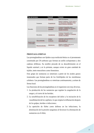 Biomoléculas – Quimica II.
23
PROSTAGLANDINAS
Las prostaglandinas son lípidos cuya molécula básica es el prostanoato
constituido por 20 carbonos que forman un anillo ciclopentano y dos
cadenas alifáticas. Su nombre procede de su descubrimiento en el
líquido seminal y en la próstata, aunque existe en gran cantidad de
tejidos, tanto masculinos como femeninos.
Este grupo de sustancias se sintetizan a partir de los ácidos grasos
insaturados que forman parte de los fosfolípidos de las membranas
celulares. Las prostaglandinas se sintetizan continuamente y actúan de
forma local.
Las funciones de las prostaglandinas en el organismo son muy diversas.
1. La producción de las sustancias que regulan la coagulación de la
sangre y el cierre de las heridas;
2. La sensibilización de los receptores del dolor y la iniciación de la
vasodilatación de los capilares, lo que origina la inflamación después
de los golpes, heridas o infecciones;
3. La aparición de fiebre como defensa en las infecciones, la
disminución de la presión sanguínea al favorecer la eliminación de
sustancias en el riñón;
 