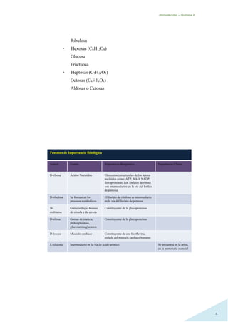 Biomoléculas – Quimica II.
4
Ribulosa
• Hexosas (C6H12O6)
Glucosa
Fructuosa
• Heptosas (C7H14O7)
Octosas (C8H16O8)
Aldosas o Cetosas
Pentosas de Importancia fisiológica
Azúcar Fuente Importancia Bioquímica Importancia Clínica
D-ribosa Ácidos Nucleídos Elementos estructurales de los ácidos
nucleídos como: ATP, NAD, NADP,
flovoproteinas. Los fosfatos de ribosa
son intermediarios en la vía del fosfato
de pentosa
D-ribulosa Se forman en los
procesos metábolicos
El fosfato de ribulosa es intermediario
en la vía del fosfato de pentosa
D-
arabinosa
Goma arábiga. Gomas
de ciruela y de cereza
Constituyente de la glucoproteinas
D-cilosa Gomas de madera,
proteoglucanos,
glucosaminoglucanos
Constituyente de la glucoproteinas
D-loxosa Musculo cardiaco Constituyente de una lixoflavina,
aislada del muscula cardiaco humano
L-xilulosa Intermediario en la vía de ácido urónico Se encuentra en la orina,
en la pentosuria esencial
 