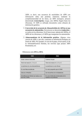 Biomoléculas – Quimica II.
50
ADN, es decir, una secuencia de nucleótidos de ADN con
información sobre una proteína, sintetizan, mediante la
complementariedad de las bases, un ARN mensajero, proceso
denominado transcripción. Luego, este ARNm llegará hasta los
ribosomas. El ADN es utilizado únicamente como almacén de
información genética.
2. Conversión de la secuencia de ribonucleótidos de ARNm en una
secuencia de aminoácidos. Este proceso se denomina traducción y
se realiza en los ribosomas. En él intervienen, además del ARNm, el
ARNr de los ribosomas y el ARNt que transportan los aminoácidos.
3. Almacenamiento de la información genética. Algunos virus
carecen de ADN y, por ello, contienen su información biológica en
forma de ARN. Por ejemplo, el virus de la gripe, el de la polio, el de
la inmunodeficiencia humana, los reovirus (que poseen ARN
bicatenario), etc
Diferencias entre DNA y RNA
 