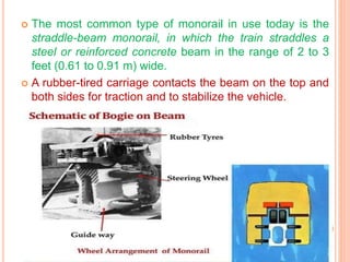  The most common type of monorail in use today is the
straddle-beam monorail, in which the train straddles a
steel or reinforced concrete beam in the range of 2 to 3
feet (0.61 to 0.91 m) wide.
 A rubber-tired carriage contacts the beam on the top and
both sides for traction and to stabilize the vehicle.
 