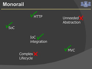Monorail Complex Lifecycle MVC SoC IoC integration Unneeded Abstraction  HTTP 