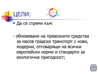 Да се стреми към: - обновяване на превозните средства за масов градски транспорт с нови, модерни, отговарящи на всички европейски норми и стандарти за екологична пригодност; ЦЕЛИ: 