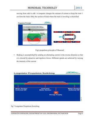 MONORAIL TECHNOLGY 2015
GOPINATH CHAPAGAIN, DEPARTMENT OF CIVIL ENGINEERING, NIT RAICHUR Page 6
moving from side to side. A computer changes the amount of current to keep the train 1
cm from the track. Only the section of track where the train is traveling is electrified
Fig.6 propulsion principle of Monorail
• Braking is accomplished by sending an alternating current in the reverse direction so that
it is slowed by attractive and repulsive forces. Different speeds are achieved by varying
the intensity of the current
fig.7 Longstator Propulsion Switching
 