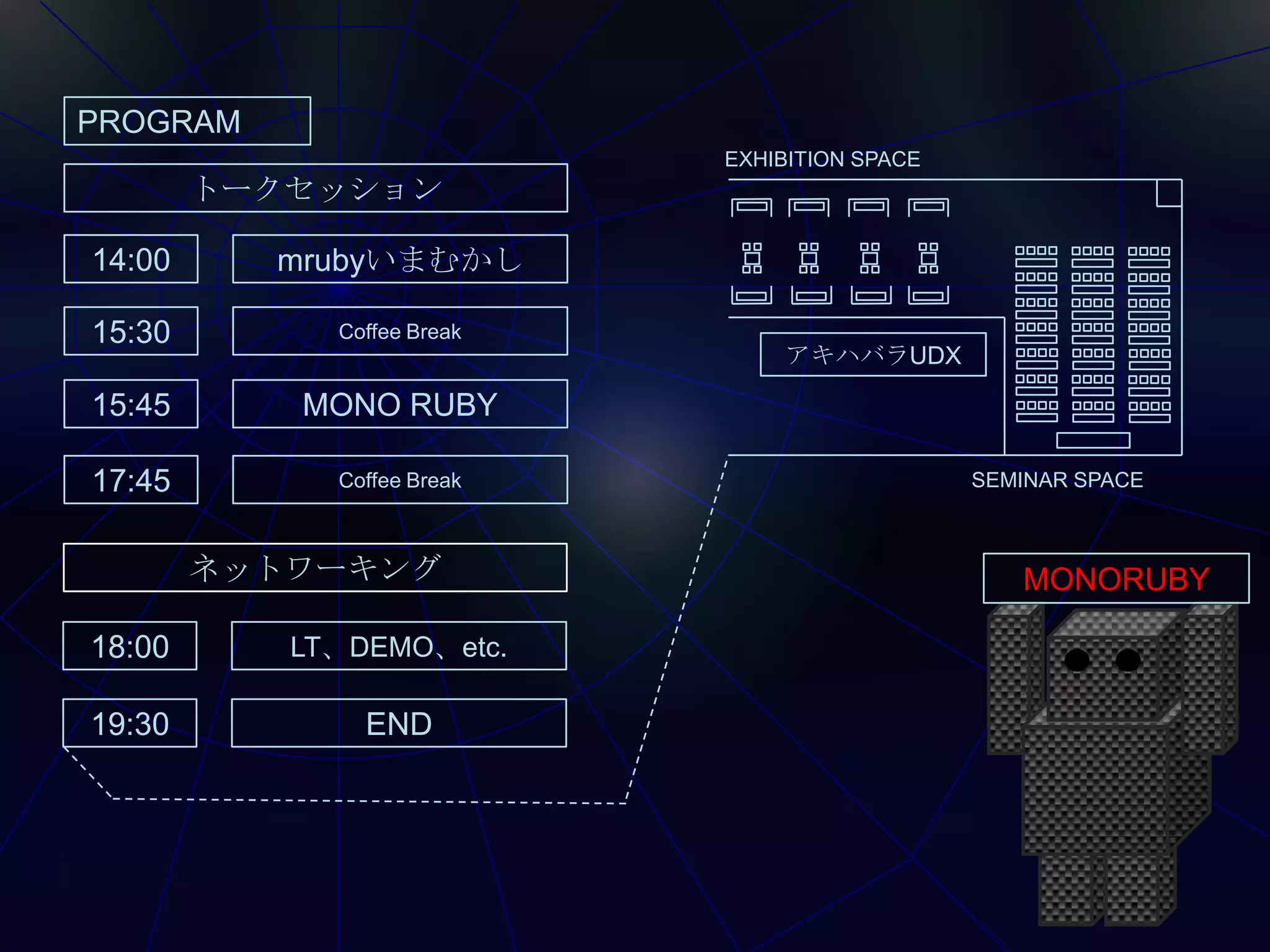 PROGRAM
                            EXHIBITION SPACE
        トークセッション

14:00     mrubyいまむかし

15:30        Coffee Break
                                アキハバラUDX

15:45      MONO RUBY

17:45        Coffee Break                      SEMINAR SPACE



        ネットワーキング                                  MONORUBY

18:00      LT、DEMO、etc.

19:30          END
 