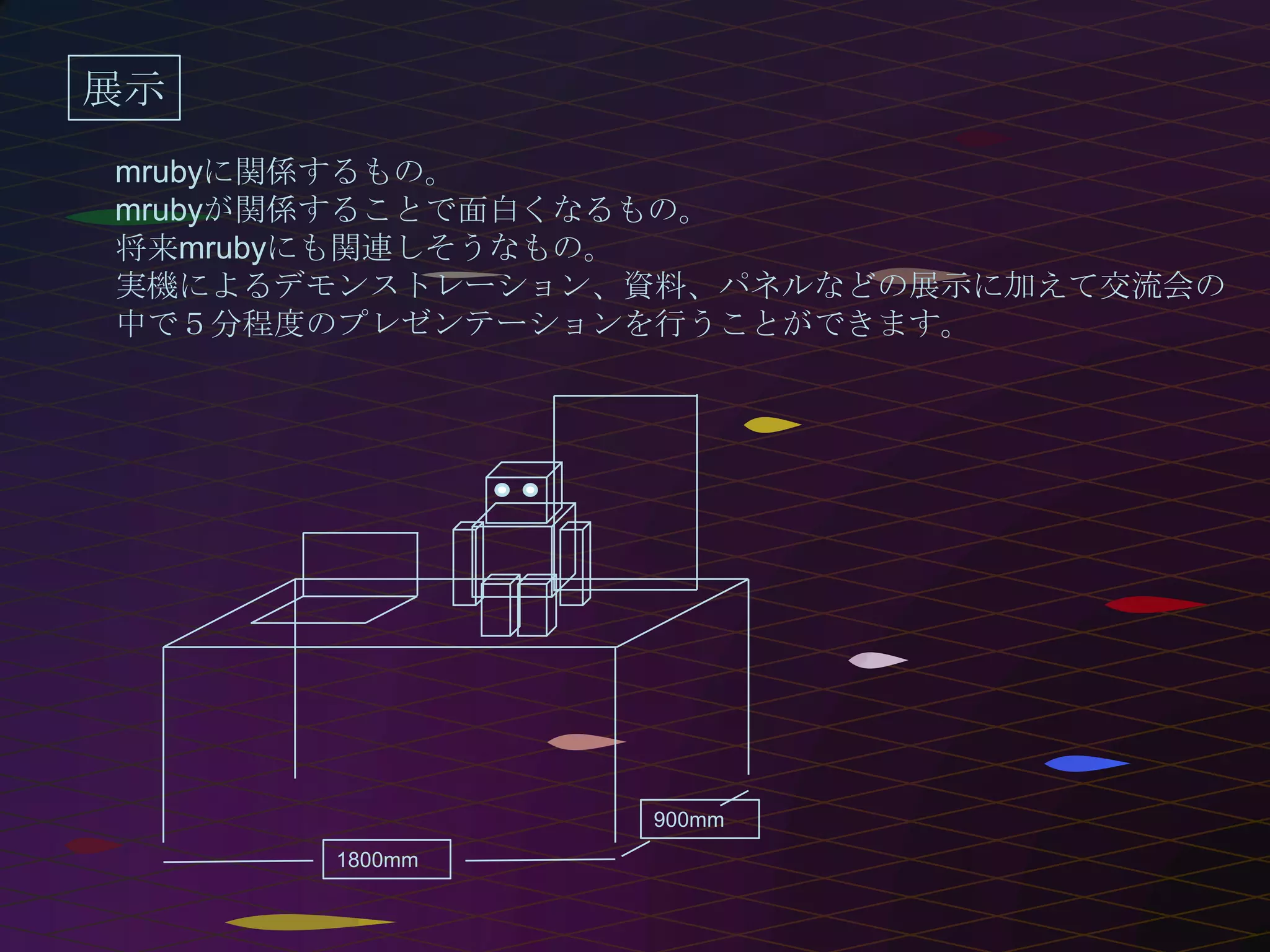 展示
mrubyに関係するもの。
mrubyが関係することで面白くなるもの。
将来mrubyにも関連しそうなもの。
実機によるデモンストレーション、資料、パネルなどの展示に加えて交流会の
中で５分程度のプレゼンテーションを行うことができます。




                900mm
      1800mm
 
