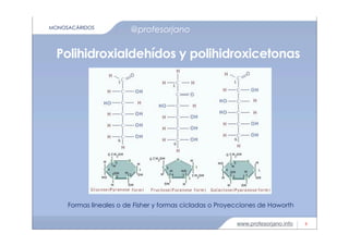 www.profesorjano.info
Formas lineales o de Fisher y formas cicladas o Proyecciones de Haworth
@profesorjano
5
Polihidroxialdehídos y polihidroxicetonas
MONOSACÁRIDOS
 