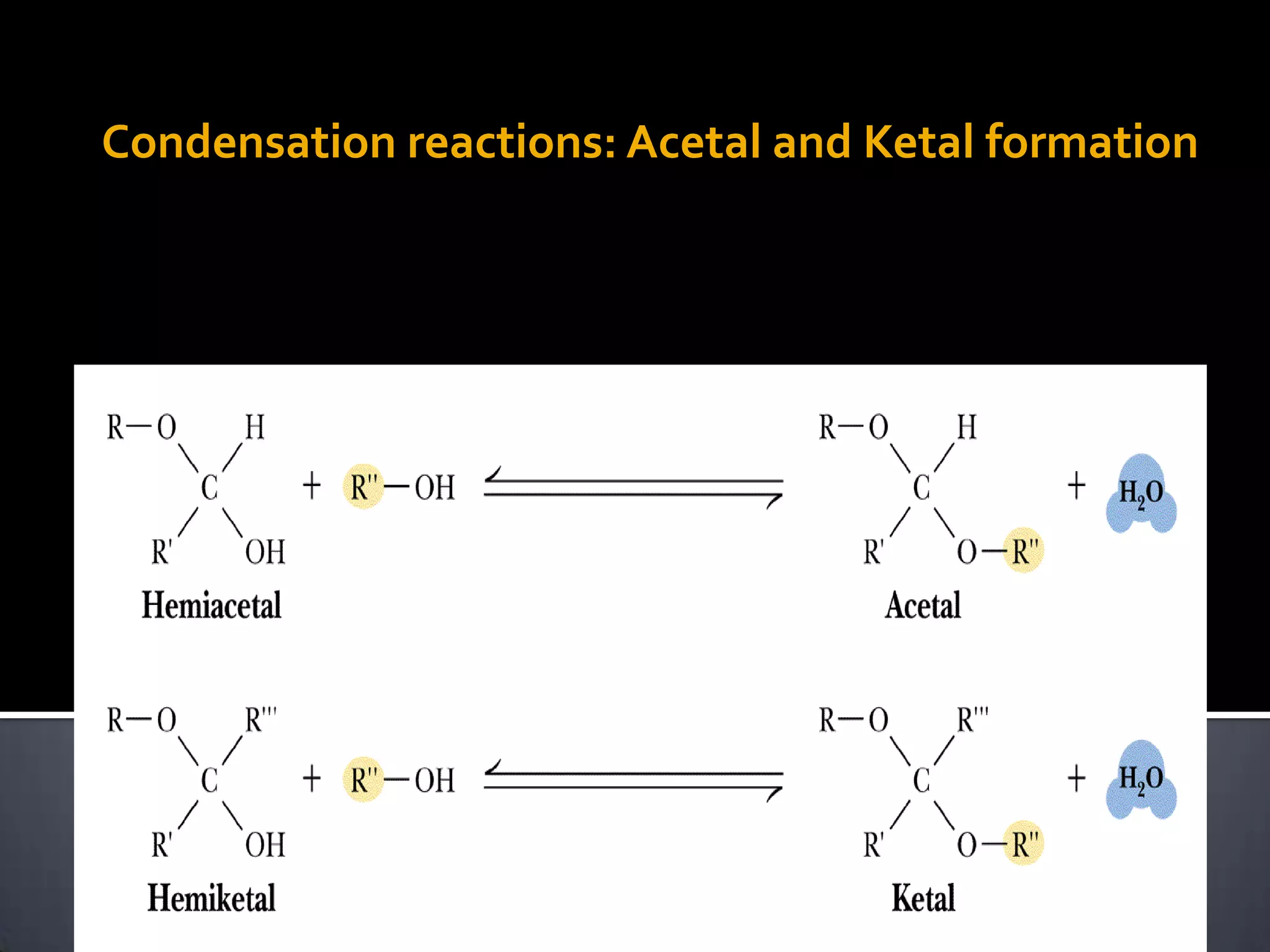 Condensation reactions: Acetal and Ketal formation
 