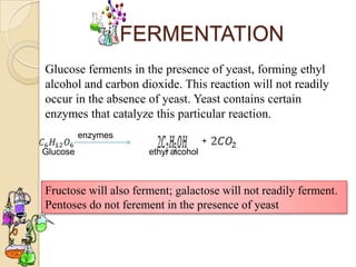 FERMENTATION
Glucose ferments in the presence of yeast, forming ethyl
alcohol and carbon dioxide. This reaction will not readily
occur in the absence of yeast. Yeast contains certain
enzymes that catalyze this particular reaction.
          enzymes
                                      +
Glucose               ethyl alcohol



Fructose will also ferment; galactose will not readily ferment.
Pentoses do not ferement in the presence of yeast
 