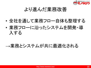 http://www.monotaro.com/
より進んだ業務改善
15
• 全社を通して業務フロー自体も整理する
• 業務フローに沿ったシステムを開発・導
入する
→業務とシステムが共に最適化される
 