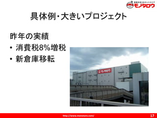 http://www.monotaro.com/
具体例・大きいプロジェクト
17
昨年の実績
• 消費税8%増税
• 新倉庫移転
 