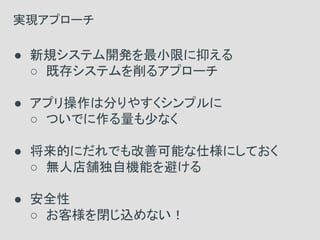 ● 新規システム開発を最小限に抑える
○ 既存システムを削るアプローチ
● アプリ操作は分りやすくシンプルに
○ ついでに作る量も少なく
● 将来的にだれでも改善可能な仕様にしておく
○ 無人店舗独自機能を避ける
● 安全性
○ お客様を閉じ込めない！
実現アプローチ
 