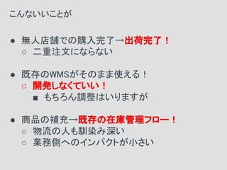 ● 無人店舗での購入完了→出荷完了！
○ 二重注文にならない
● 既存のWMSがそのまま使える！
○ 開発しなくていい！
■ もちろん調整はいりますが
● 商品の補充→既存の在庫管理フロー！
○ 物流の人も馴染み深い
○ 業務側へのインパクトが小さい
こんないいことが
 