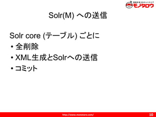 Solr(M) への送信
Solr core (テーブル) ごとに
• 全削除
• XML生成とSolrへの送信
• コミット
 