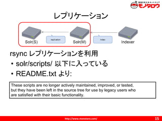 レプリケーション
rsync レプリケーションを利用
• solr/scripts/ 以下に入っている
• README.txt より:
These scripts are no longer actively maintained, improved, or tested,
but they have been left in the source tree for use by legacy users who
are satisfied with their basic functionality.
 