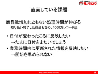 直面している課題
商品数増加にともない処理時間が伸びる
取り扱い終了した商品も含め、1000万レコード超
• 日付が変わったころに反映したい
→たまに日付をまたいでしまう
• 業務時間内に更新された情報を反映したい
→開始を早められない
 