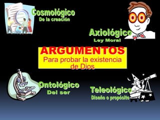 ARGUMENTOS
Para probar la existencia
        de Dios
 