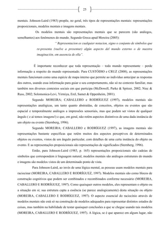 25
mentais. Johnson-Laird (1983) propõe, no geral, três tipos de representações mentais: representações
proposicionais, modelos mentais e imagens mentais.
Os modelos mentais são representações mentais que se parecem (são análogos,
semelhantes) aos fenômenos do mundo. Segundo Greca apud Moreira (2005):
“ Representacion es cualquier notacion, signo o conjunto de símbolos que
re-presenta (vuelve a presentar) algún aspecto del mundo externo o de nuestra
imaginación, em ausencia de ella”.
É importante reconhecer que toda representação – todo mundo representante – perde
informação a respeito do mundo representado. Para CUSTÓDIO e CRUZ (2008), as representações
mentais funcionam como uma espécie de mapa interno que permite ao indivíduo antecipar as respostas
dos outros, usando essa informação para guiar o seu comportamento, não só no contexto familiar, mas
também nos diversos contextos sociais em que participa (McDowell, Parke & Spitzer, 2002; Niec &
Russ, 2002; Solomonica-Levi, Yirmiya, Erel, Samet & Oppenheim, 2001).
Segundo MOREIRA; CABALLERO e RODRÍGUEZ (1997), modelos mentais são
representações analógicas, um tanto quanto abstraídas, de conceitos, objetos ou eventos que são
espacial e temporalmente análogos a impressões sensoriais, mas que podem ser vistos de qualquer
ângulo ( e aí temos imagens!) e que, em geral, não retêm aspectos distintivos de uma dada instância de
um objeto ou evento (Sternberg, 1996).
Segundo MOREIRA; CABALLERO e RODRÍGUEZ (1997), as imagens mentais são
representações bastante específicas que retêm muitos dos aspectos perceptivos de determinados
objetos ou eventos, vistos de um ângulo particular, com detalhes de uma certa instância do objeto ou
evento. E as representações proposicionais são representações de significados (Sternberg, 1996).
Então, para Johnson-Laird (1983, p. 165) representações proposicionais são cadeias de
símbolos que correspondem à linguagem natural, modelos mentais são análogos estruturais do mundo
e imagens são modelos vistos de um determinado ponto de vista.
Para Johnson-Laird, ao invés de uma lógica mental, as pessoas usam modelos mentais para
raciocinar (MOREIRA, CABALLERO E RODRÍGUEZ, 1997). Modelos mentais são como blocos de
construção cognitivos que podem ser combinados e recombinados conforme necessário (MOREIRA,
CABALLERO E RODRÍGUEZ, 1997). Como quaisquer outros modelos, eles representam o objeto ou
a situação em si; sua estrutura capta a essência (se parece analogicamente) desta situação ou objeto
(MOREIRA, CABALLERO E RODRÍGUEZ, 1997). O aspecto essencial do raciocínio através de
modelos mentais não está só na construção de modelos adequados para representar distintos estados de
coisas, mas também na habilidade de testar quaisquer conclusões a que se chegue usando tais modelos
(MOREIRA, CABALLERO E RODRÍGUEZ, 1997). A lógica, se é que aparece em algum lugar, não
 