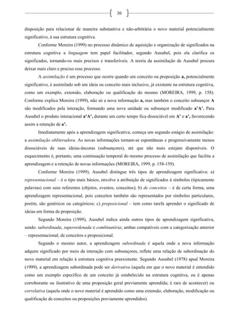 30
disposição para relacionar de maneira substantiva e não-arbitrária o novo material potencialmente
significativo, à sua estrutura cognitiva.
Conforme Moreira (1999) no processo dinâmico de aquisição e organização de significados na
estrutura cognitiva a linguagem tem papel facilitador, segundo Ausubel, pois ela clarifica os
significados, tornando-os mais precisos e transferíveis. A teoria da assimilação de Ausubel procura
deixar mais claro e preciso esse processo.
A assimilação é um processo que ocorre quando um conceito ou proposição a, potencialmente
significativo, é assimilado sob um ideia ou conceito mais inclusivo, já existente na estrutura cognitiva,
como um exemplo, extensão, elaboração ou qualificação do mesmo (MOREIRA, 1999, p. 158).
Conforme explica Moreira (1999), não só a nova informação a, mas também o conceito subsunçor A
são modificados pela interação, formando uma nova unidade ou subsunçor modificado a’A’. Para
Ausubel o produto interacional a’A’, durante um certo tempo fica dissociável em A’ e a’, favorecendo
assim a retenção de a’.
Imediatamente após a aprendizagem significativa, começa um segundo estágio de assimilação:
a assimilação obliteradora. As novas informações tornam-se espontâneas e progressivamente menos
dissociáveis de suas ideias-âncoras (subsunçores), até que não mais estejam disponíveis. O
esquecimento é, portanto, uma continuação temporal do mesmo processo de assimilação que facilita a
aprendizagem e a retenção de novas informações (MOREIRA, 1999, p. 158-159).
Conforme Moreira (1999), Ausubel distingue três tipos de aprendizagem significativa: a)
representacional – é o tipo mais básico, envolve a atribuição de significados à símbolos (tipicamente
palavras) com seus referentes (objetos, eventos, conceitos); b) de conceitos – é de certa forma, uma
aprendizagem representacional, pois conceitos também são representados por símbolos particulares,
porém, são genéricos ou categóricos; c) proposicional – tem como tarefa aprender o significado de
ideias em forma de proposição.
Segundo Moreira (1999), Ausubel indica ainda outros tipos de aprendizagem significativa,
sendo: subordinada, superordenada e combinatória; ambas compatíveis com a categorização anterior
– representacional, de conceitos e proposicional.
Segundo o mesmo autor, a aprendizagem subordinada é aquela onde a nova informação
adquire significado por meio da interação com subsunçores, reflete uma relação de subordinação do
novo material em relação à estrutura cognitiva preexistente. Segundo Ausubel (1978) apud Moreira
(1999), a aprendizagem subordinada pode ser derivativa (aquela em que o novo material é entendido
como um exemplo específico de um conceito já estabelecido na estrutura cognitiva, ou é apenas
corroborante ou ilustrativo de uma proposição geral previamente aprendida; é raro de acontecer) ou
correlativa (aquela onde o novo material é aprendido como uma extensão, elaboração, modificação ou
qualificação de conceitos ou proposições previamente aprendidos).
 