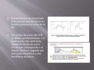  El transductor es conectado
a un equipo que proyecta en
forma continua la curva de la
PIC.
 Las ondas de pulso del LCR
se deben primariamente a la
contracción del ventrículo
izquierdo (onda de pulso
inicial que corresponde a la
sistole cardiaca, seguida por
una caída diastólica y una
hendidura dicrotica.
 