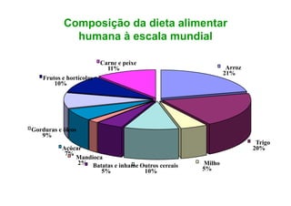 Composição da dieta alimentar
humana à escala mundial
Arroz
21%
Trigo
20%
Milho
5%Outros cereais
10%
Mandioca
2%
Açúcar
7%
Gorduras e óleos
9%
Frutos e hortícolas
10%
Carne e peixe
11%
Batatas e inhame
5%
 