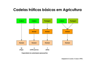Cadeias tróficas básicas em Agricultura
Adaptado de Loomis e Connor (1992)
Cultura Cultura Pastagem Cultura Pastagem
Homem
Animal Animal Animal
Homem Homem Homem
18
(trigo)
4
(milho-porco)
7
(leite)
Capacidade de sustentação (pessoas/ha)
 