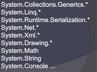 System.Collections.Generics.*System.Linq.*System.Runtime.Serialization.*System.Net.*System.Xml.*System.Drawing.*System.MathSystem.StringSystem.Console ...
