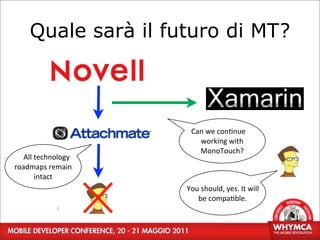 Quale sarà il futuro di MT?



                             Can	
  we	
  con;nue	
  
                               working	
  with	
  
                               MonoTouch?
   All	
  technology	
  
roadmaps	
  remain	
  
          intact
                           You	
  should,	
  yes.	
  It	
  will	
  
                              be	
  compa;ble.
                 2
 