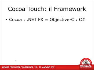 Cocoa Touch: il Framework
• Cocoa : .NET FX = Objective-C : C#




    25
 