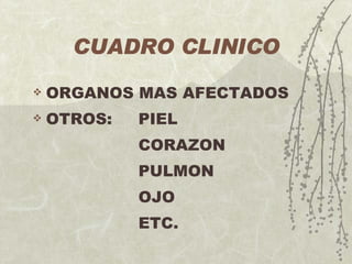 CUADRO CLINICO ORGANOS MAS AFECTADOS OTROS: PIEL CORAZON PULMON OJO ETC. 