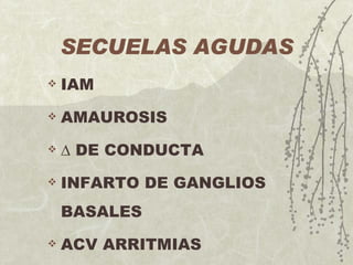 SECUELAS AGUDAS IAM AMAUROSIS    DE CONDUCTA INFARTO DE GANGLIOS BASALES ACV ARRITMIAS 