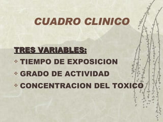 CUADRO CLINICO TRES VARIABLES: TIEMPO DE EXPOSICION GRADO DE ACTIVIDAD CONCENTRACION DEL TOXICO 
