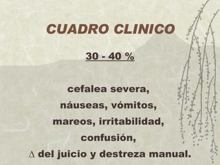 CUADRO CLINICO 30 - 40 % cefalea severa,  náuseas, vómitos,  mareos, irritabilidad,  confusión,     del juicio y destreza manual. 