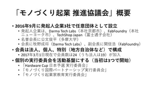 :	 ” ”
GLOCOM
:	Darma Tech	Labs
2015 Makers	
Boot	Camp
Monozukuri Hub	Meetup
VC
:	FabFoundry CEO
2016
Monozukuri Bootcamp
...
