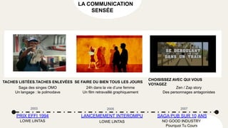 LA COMMUNICATION
SENSÉE
2003
PRIX EFFI 1994 SAGA PUB SUR 10 ANS
LANCEMEMENT INTEROMPU
TACHES LISTÉES.TACHES ENLEVÉES SE FAIRE DU BIEN TOUS LES JOURS
CHOISISSEZ AVEC QUI VOUS
VOYAGEZ
Saga des singes OMO
Un langage : le polmodave
24h dans la vie d’une femme
Un film retravaillé graphiquement
Zen / Zap story
Des personnages antagonistes
2005 2007
LOWE LINTAS NO GOOD INDUSTRY
Pourquoi Tu Cours
LOWE LINTAS
 