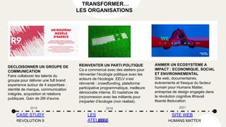 REINVENTER UN PARTI POLITIQUE
Ca a commencé avec des ateliers pour
réinventer l’écologie politique avec les
acteurs de l’écologie. EELV s’est
réinventé : crowdfunding, plateforme
participative programmatique, meilleure
démocratie interne. Et roadshow de
(re)connexion avec les militants pour
(re)parler d’écologie (non réalisé).
DECLOISONNER UN GROUPE DE
COMMUNICATION
Faire collaborer les talents du
groupe pour délivrer une full brand
experience autour de 4 expertises :
identité de marque, communication
intégrée, acquisition et relations
publiques. Gain de 2M d’euros
2014
CASE STUDY SITE WEB
LES
ATELIERS
2016 2021
REVOLUTION 9
TRANSFORMER…
LES ORGANISATIONS
ANIMER UN ECOSYSTEME A
IMPACT : ECONOMIQUE, SOCIAL
ET ENVIRONNEMENTAL
Site web, documentaires,
évènements et fresque du facteur
humain pour Humans Matter,
entreprise de design engagée dans
la révolution cognitive #travail
#santé #education
EELV HUMANS MATTER
 