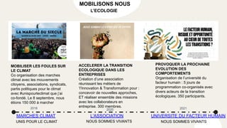 ACCELERER LA TRANSITION
ECOLOGIQUE DANS LES
ENTREPRISES
Création d’une association
réunissant les métiers de
‘l’Innovation & Transformation pour :
concevoir de nouvelles approches,
ET réaliser ensemble des missions
avec les collaborateurs en
entreprise. 300 membres.
MOBILISER LES FOULES SUR
LE CLIMAT
Co organisation des marches
climat avec les mouvements
citoyens, associations, syndicats,
partis politiques pour le climat
avec #unispourleclimat que j’ai
co-fondé. Le 8 septembre, nous
étions 150 000 à marcher
2018
MARCHES CLIMAT UNIVERSITE DU FACTEUR HUMAIN
L'ASSOCIATION
2020 2021
UNIS POUR LE CLIMAT
MOBILISONS NOUS
L’ECOLOGIE
PROVOQUER LA PROCHAINE
EVOLUTION DES
COMPORTEMENTS
Organisation de l’université du
facteur humain : 5 jours de
programmation co-organisés avec
divers acteurs de la transition
écologiques. 350 participants.
NOUS SOMMES VIVANTS NOUS SOMMES VIVANTS
 