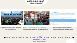 2018
MARCHES CLIMAT
UNIS POUR LE CLIMAT
MOBILISONS NOUS
POUR LE CLIMAT
La dernière marche climat organisée
#lamarchedusciecle
Retour d’expérience unis pour le climat :
mobilisations citoyennes #unispourleclimat
Rédaction des revendications de
#lamarchedusciècle après synthèse
 