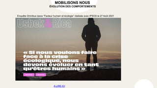 A LIRE ICI
Enquête Omnibus Ipsos “Facteur humain et écologie” réalisée avec IPSOS le 27 Août 2021
MOBILISONS NOUS
ÉVOLUTION DES COMPORTEMENTS
 