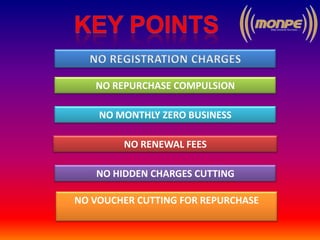 NO REPURCHASE COMPULSION
NO MONTHLY ZERO BUSINESS
NO RENEWAL FEES
NO VOUCHER CUTTING FOR REPURCHASE
NO HIDDEN CHARGES CUTTING
 