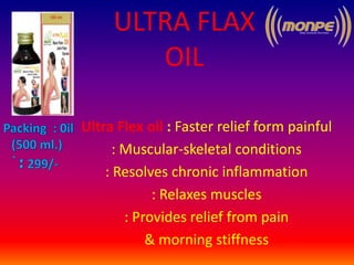 ULTRA FLAX
OIL
Ultra Flex oil : Faster relief form painful
: Muscular-skeletal conditions
: Resolves chronic inflammation
: Relaxes muscles
: Provides relief from pain
& morning stiffness
 